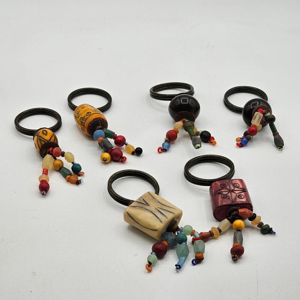 Boho Beaded Napkin Rings Carved Wood Stone Set of 6